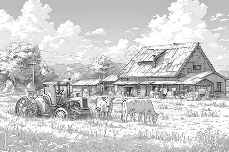 牧场里的老式拖拉机和牛高清图片