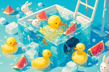 黄色的鸭子玩具泳池里的黄色鸭子插画