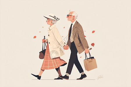 夫妻牵手牵手散步的老年夫妻插画