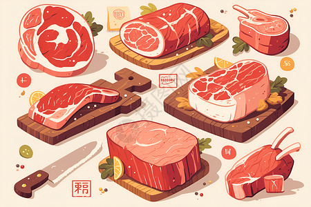 生煎牛肉多元用途的肉类插画