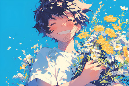 抱着桃子的男孩阳光少年抱着花束插画