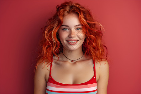 红发女孩站在红墙前高清图片