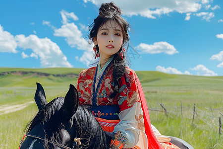 天山下骑马的美女草原上美丽的蒙古少女背景