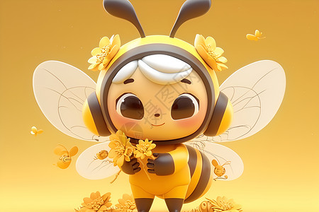 动漫角色快乐的蜜蜂与花朵插画