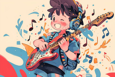 弹贝斯电音少年弹奏电吉他的少年插画