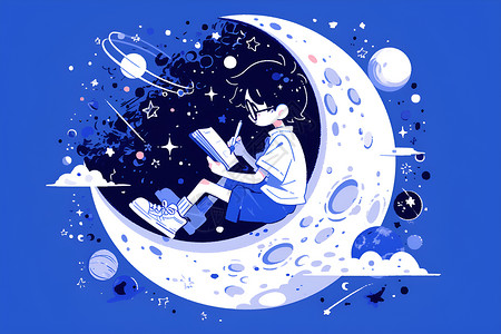 坐在行李箱上的男孩少年坐在月亮上写字插画