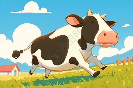 绿色草地上自由奔跑的奶牛背景图片