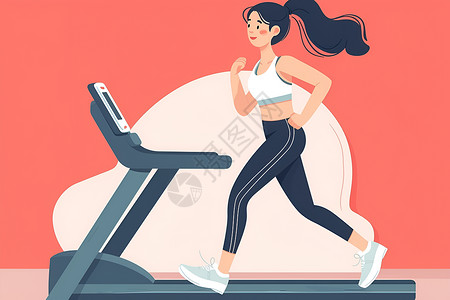 器械健身女孩跑步机上奔跑插画