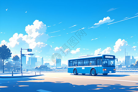 蓝色公交穿越城市图片素材