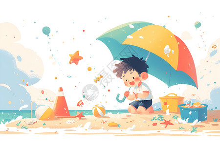 沙滩上打着伞的男孩背景图片