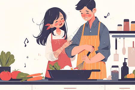夫妻厨房做饭厨房里做饭的夫妻插画