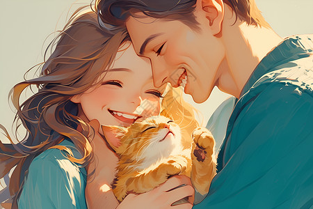 抱着花的情侣阳光下抱着猫咪的情侣插画