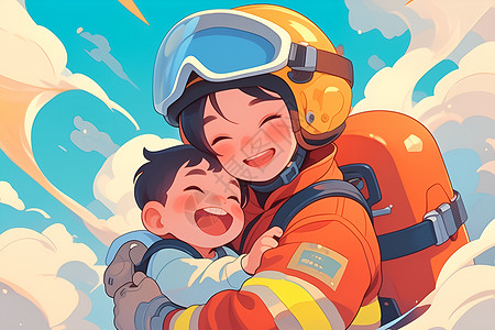 白手套消防员拥抱孩子插画