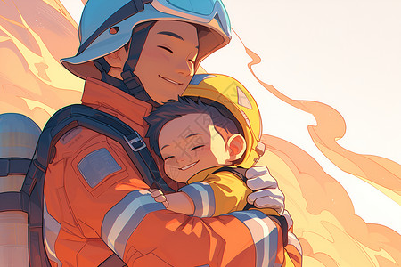 白手套消防员拥抱小孩插画
