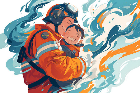 白手套消防员抱孩子插画