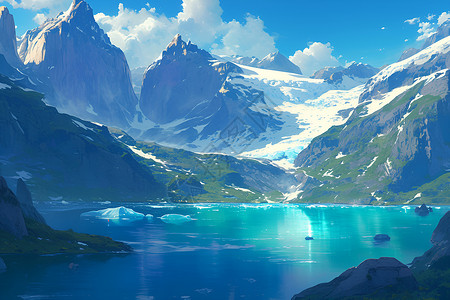 岩石峭壁雪峰环抱的湖泊插画