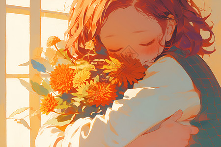 抱着花卉的女孩抱着花束的女孩插画