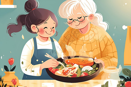 分享食物素材祖孙分享美食插画