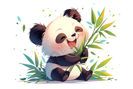 玫瑰花地熊猫欢快地吃竹子插画