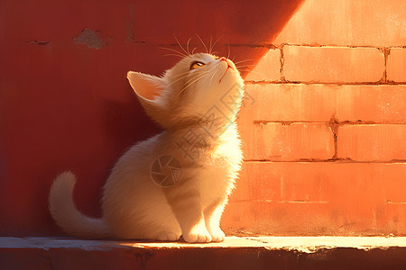 短毛猫端坐在砖墙上插画