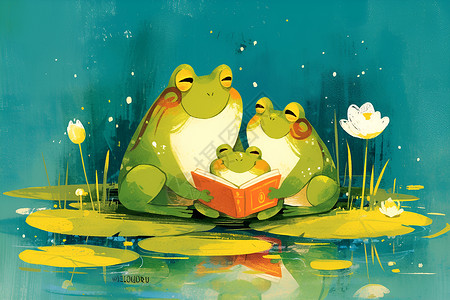荷叶上的青蜓青蛙一家在荷叶上看书插画