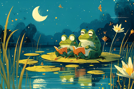 绿蛙在睡莲叶上看书高清图片
