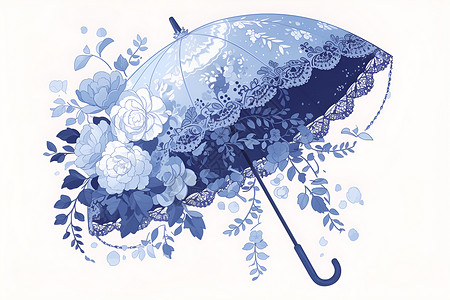 雨伞图案蓝色花伞飘舞着插画