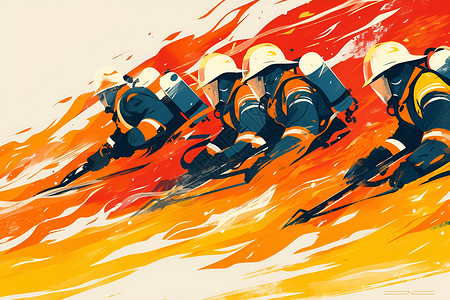 女消防员与火焰搏斗的消防员插画