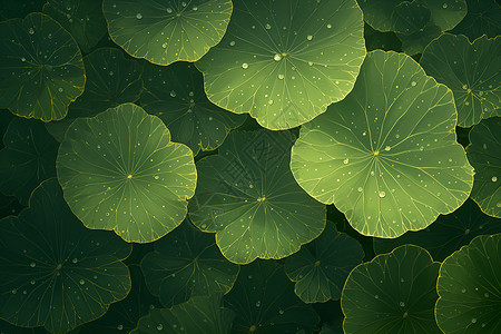 绿色叶子纹理雨滴点缀的莲叶插画
