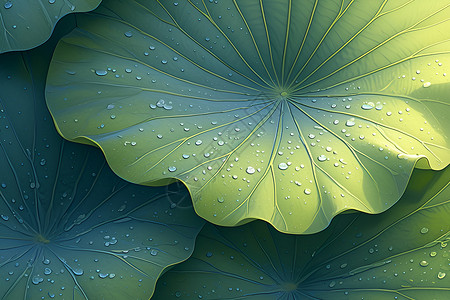 绿色叶子纹理雨中的荷叶静谧细腻插画