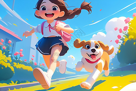 奔跑的女孩和小狗背景图片