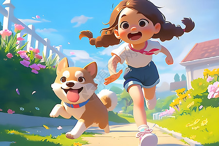 狗狗侧面少女与小狗的欢乐奔跑插画