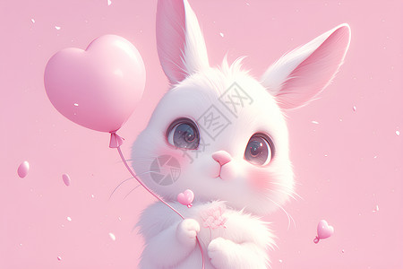 卡通心形气球可爱卡通兔子拿着粉色心形气球的高清壁插画