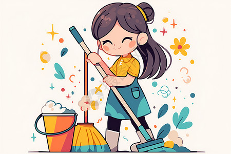 一个活泼可爱的女孩做家务插画
