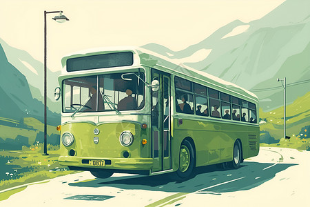 绿色巴士驶过山林路高清图片