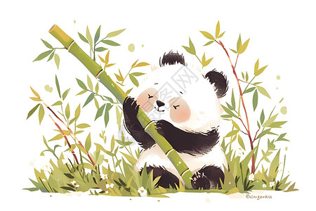 可爱熊猫母子竹林里的熊猫插画