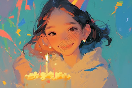 吃蛋糕的美女少女与生日蛋糕插画