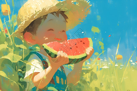 坐着西瓜中的男孩田园中的少年在吃西瓜插画