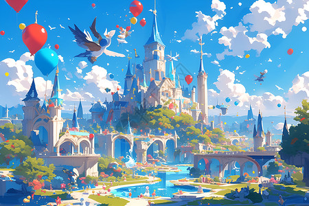 城堡上空的气球背景图片