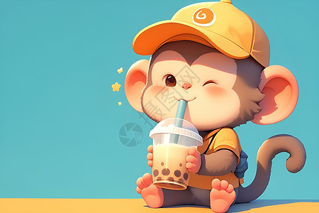 猴子戴帽子啜饮珍珠奶茶插画