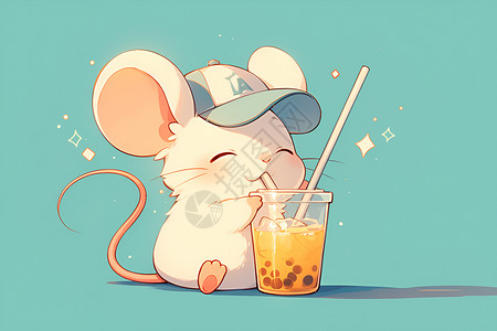 黑米奶茶可爱小老鼠喝着珍珠奶茶插画