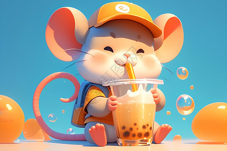 胖胖的卡通小老鼠在享用奶茶高清图片