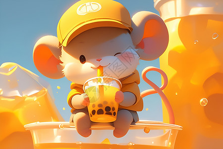 黑米奶茶卡通小老鼠在喝着奶茶插画