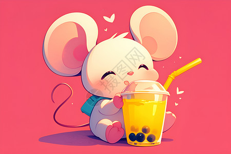 黑米奶茶卡通小老鼠品尝奶茶插画