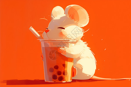 黑米奶茶可爱卡通小老鼠喝珍珠奶茶插画
