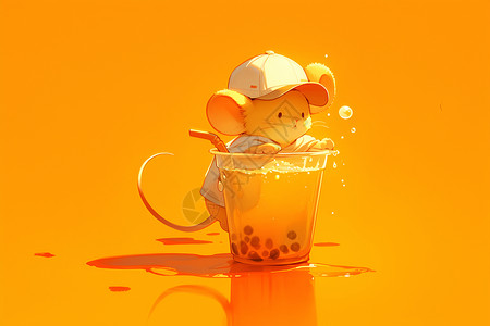 黑米奶茶幻境中卡通小老鼠插画