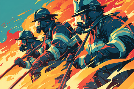 战斗中的三位消防员高清图片