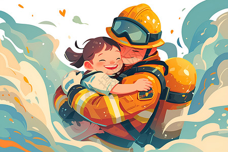 踩着月牙的小孩抱着小孩的消防员插画