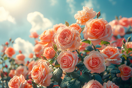 玫瑰花圃微风中摇曳的粉色玫瑰插画