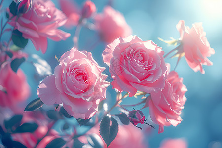 鲜花阳光阳光里绽放的粉色玫瑰插画